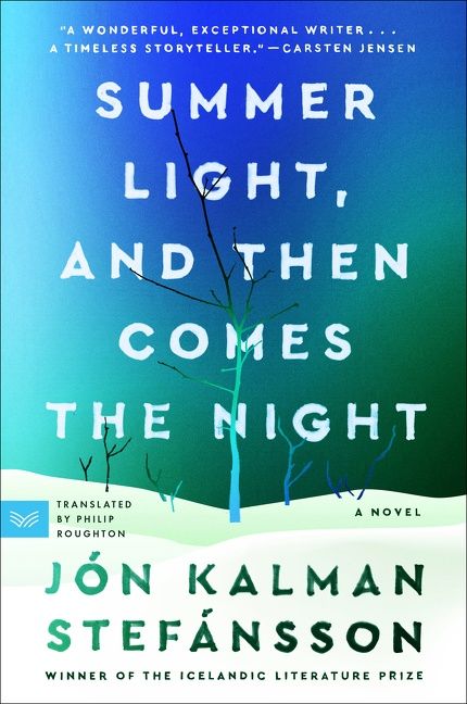 Book cover with title and graphic of small bare trees in the snow with a blue and green sky.